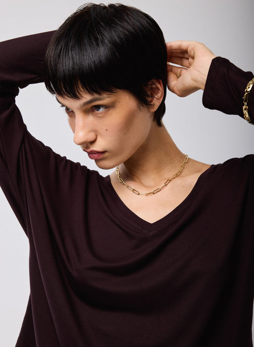 Purple V-Neck Long Sleeves T-shirt in Viscose / Elastane - MAJESTIC FILATURES