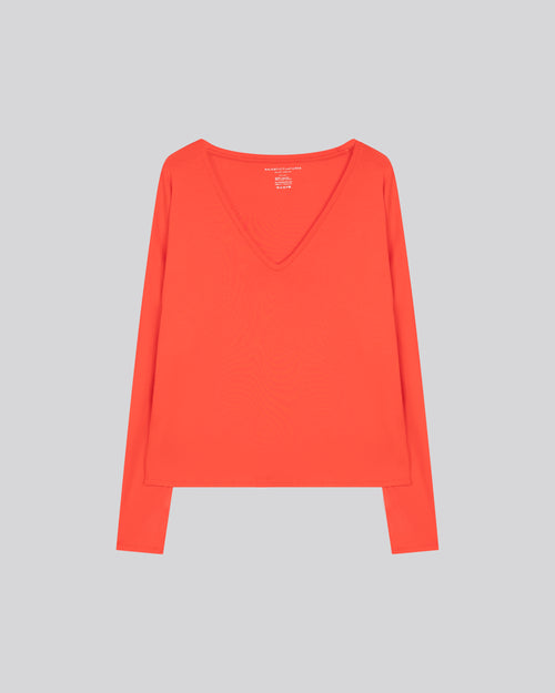 Orange V-neck Long Sleeves T-shirt in Viscose / Elastane  - MAJESTIC FILATURES