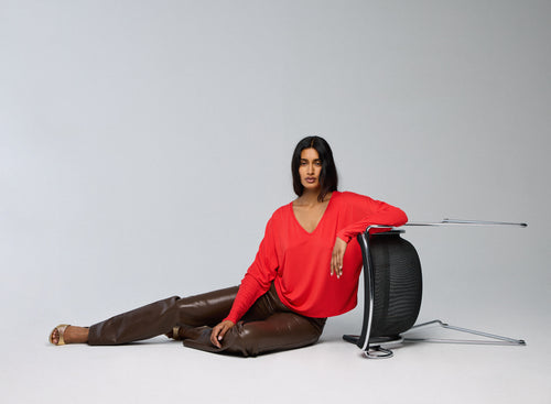 Orange V-neck Long Sleeves T-shirt in Viscose / Elastane  - MAJESTIC FILATURES