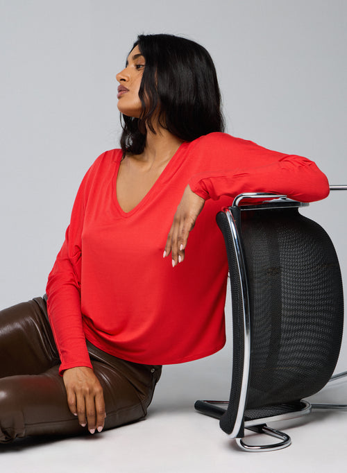 Orange V-neck Long Sleeves T-shirt in Viscose / Elastane  - MAJESTIC FILATURES