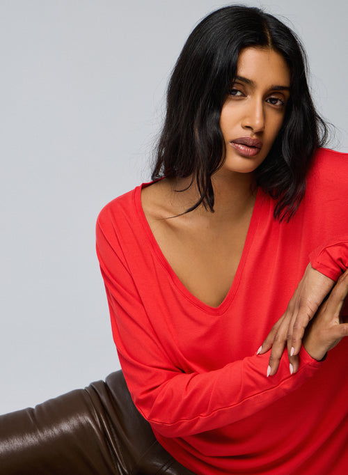 Orange V-neck Long Sleeves T-shirt in Viscose / Elastane  - MAJESTIC FILATURES