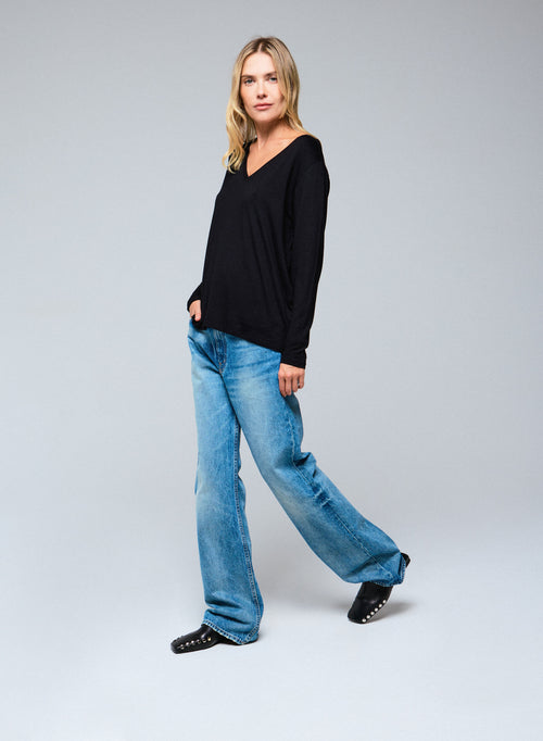 T-shirt Noir Col V Manches Longues en Viscose / Elasthanne - MAJESTIC FILATURES