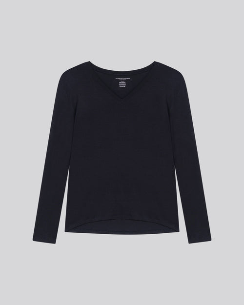 Marineblaues Langarm-T-Shirt aus Viskose / Elasthan mit V-Ausschnitt - MAJESTIC FILATURES