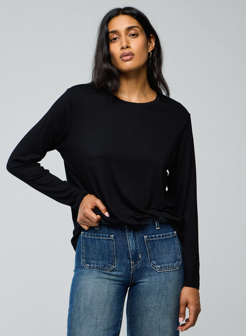 Schwarzes Langarm-T-Shirt mit Rundhalsausschnitt aus Viskose / Elasthan - MAJESTIC FILATURES