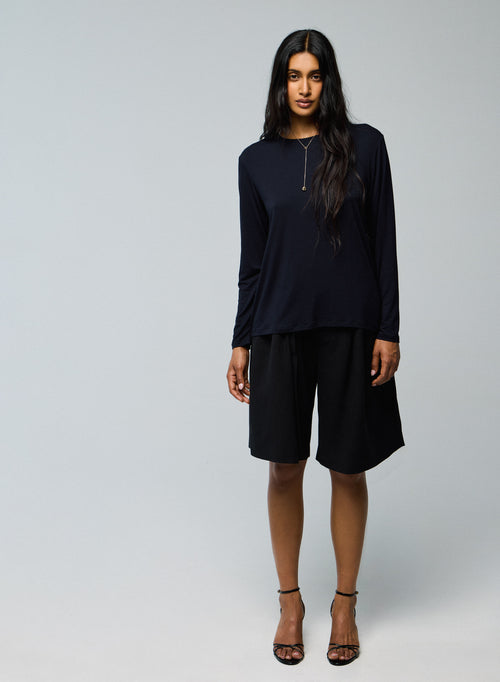 Marineblaues Langarm-T-Shirt mit Rundhalsausschnitt aus Viskose / Elasthan - MAJESTIC FILATURES