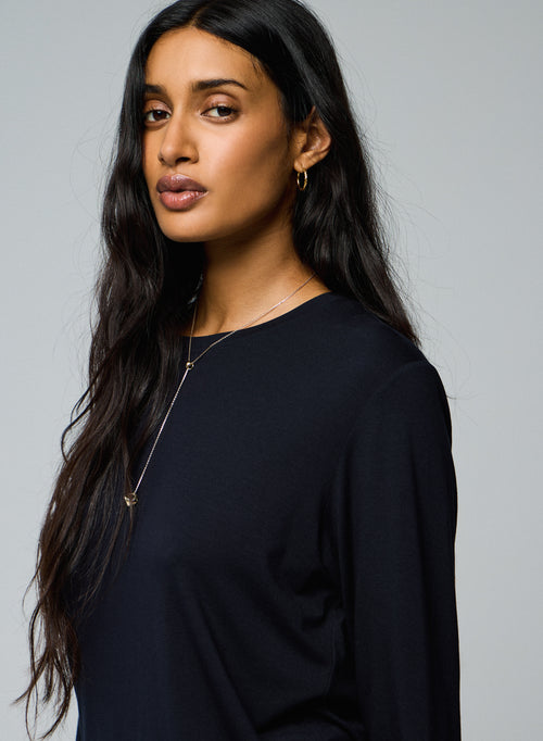 Marineblaues Langarm-T-Shirt mit Rundhalsausschnitt aus Viskose / Elasthan - MAJESTIC FILATURES