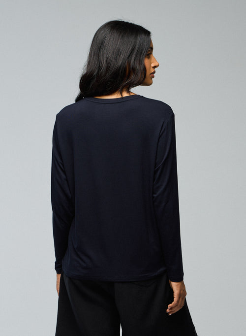 Marineblaues Langarm-T-Shirt mit Rundhalsausschnitt aus Viskose / Elasthan - MAJESTIC FILATURES