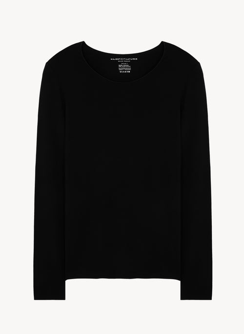 Black Round Neck Long Sleeves T-shirt in Viscose and Elastane - MAJESTIC FILATURES