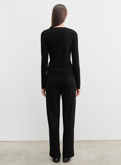 Black Round Neck Long Sleeves T-shirt in Viscose and Elastane - MAJESTIC FILATURES