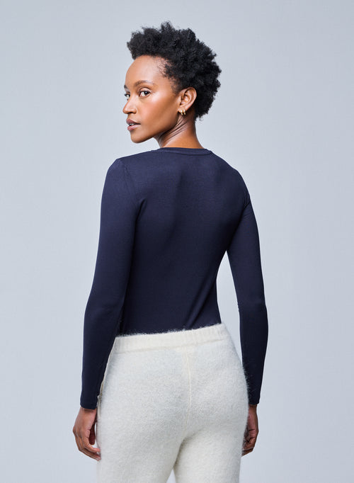 T-shirt Marine Col Rond Manches Longues en Viscose / Élasthanne - MAJESTIC FILATURES