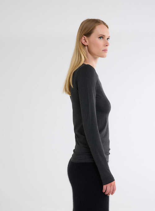 Camiseta Antracita Jaspeado con cuello redondo y manga larga en Viscosa / Elastano  - MAJESTIC FILATURES