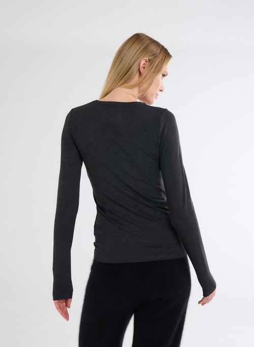 Camiseta Antracita Jaspeado con cuello redondo y manga larga en Viscosa / Elastano  - MAJESTIC FILATURES
