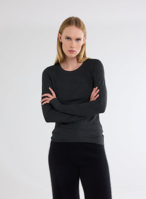 Camiseta Antracita Jaspeado con cuello redondo y manga larga en Viscosa / Elastano  - MAJESTIC FILATURES