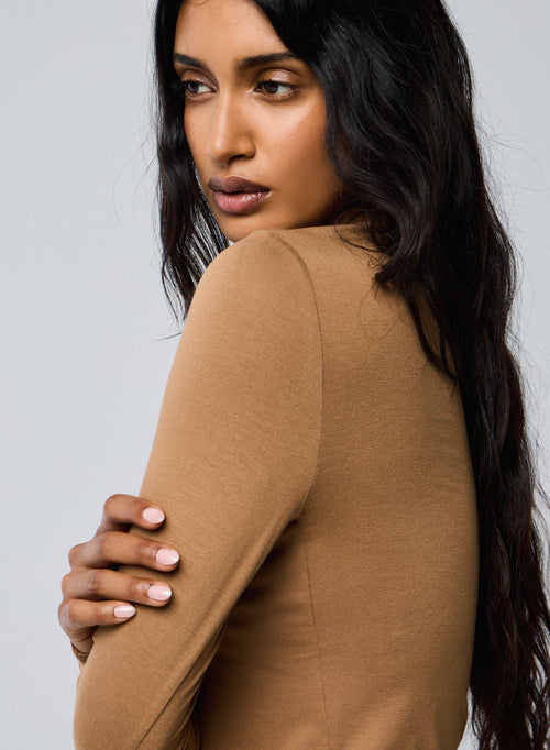 Camiseta de manga larga con cuello redondo beige en viscosa / elastano - MAJESTIC FILATURES