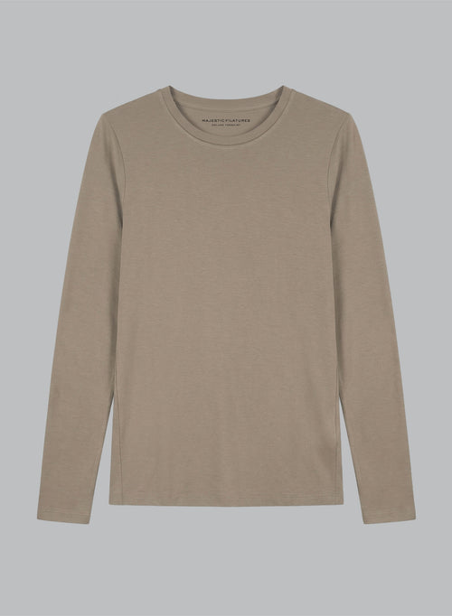 T-shirt Marron Col Rond Manches Longues en Viscose / Elasthanne - MAJESTIC FILATURES