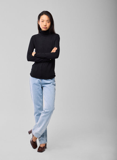 Negra Camiseta Cuello Alto Mangas Largas Viscosa Elastano - MAJESTIC FILATURES