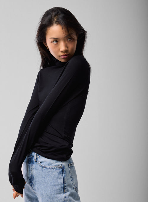 Black Long Sleeves Turtleneck T-shirt in Viscose Elastane WOMEN