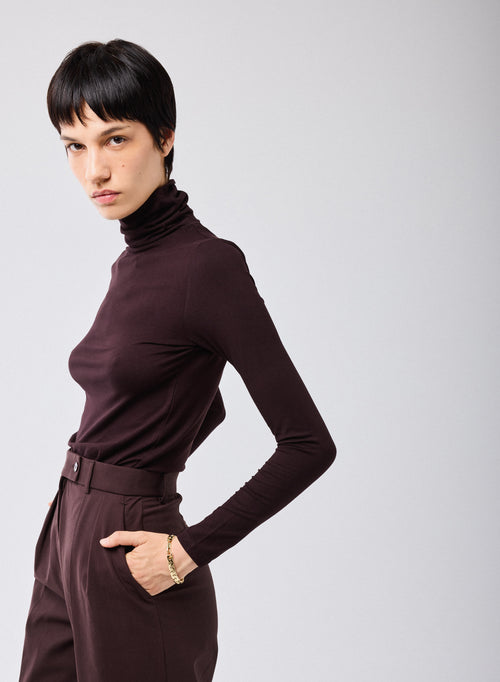 Purple Turtleneck Long Sleeves T-shirt in Viscose Elastane   - MAJESTIC FILATURES