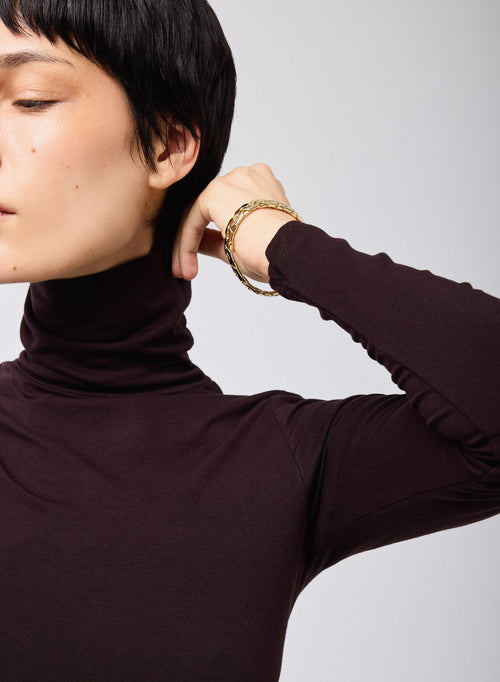 Purple Turtleneck Long Sleeves T-shirt in Viscose Elastane   - MAJESTIC FILATURES