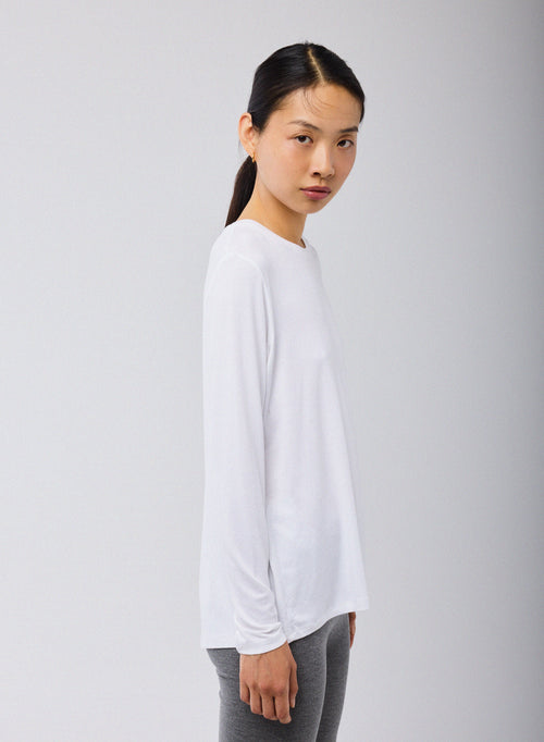 T-shirt Blanc Col Rond Manches Longues en Viscose / Elasthanne - MAJESTIC FILATURES