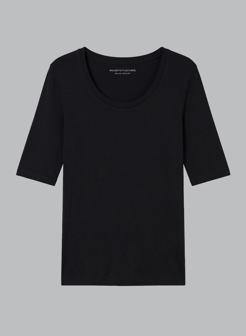 T-shirt Noir Col U Manches Coudes en Viscose / Élasthanne - MAJESTIC FILATURES