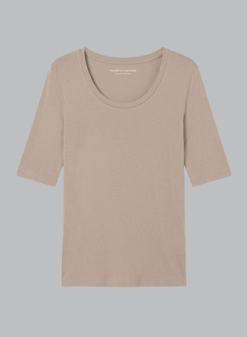 T-Shirt mit U-Ausschnitt und Ellbogenärmeln aus Viskose / Elasthan in Braun - MAJESTIC FILATURES