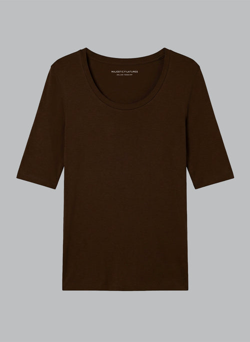 Dark Brown U-Neck Elbow-Length-Sleeve T-shirt in Viscose / Elastane - MAJESTIC FILATURES