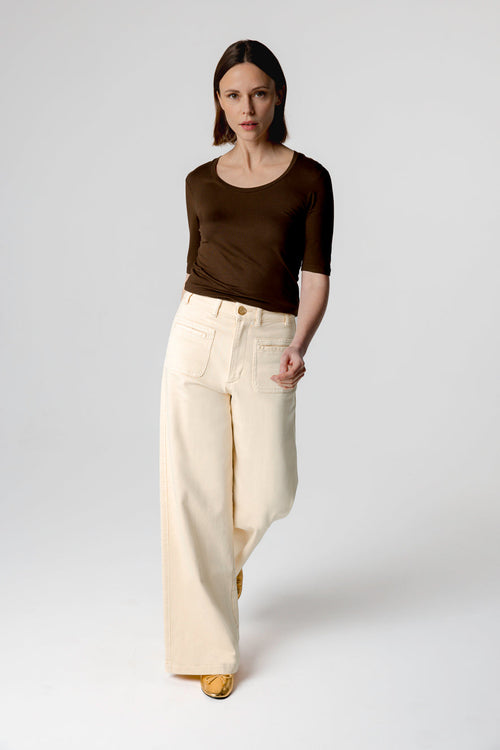 Camiseta marrón oscuro con cuello en U y mangas codos en viscosa/elastano - MAJESTIC FILATURES