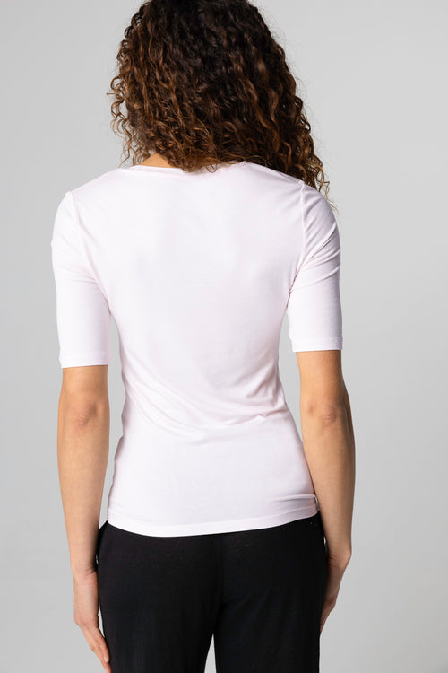Camiseta rosa con cuello en U y mangas codos en viscosa/elastano - MAJESTIC FILATURES