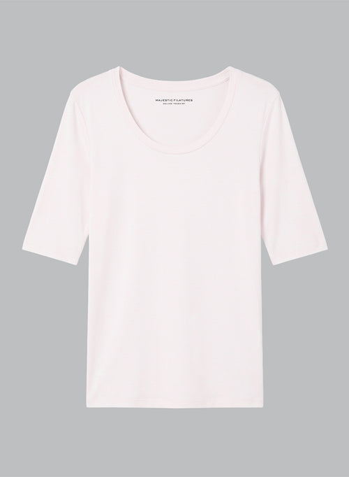 Camiseta rosa con cuello en U y mangas codos de viscosa/elastano - MAJESTIC FILATURES