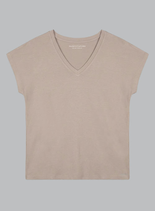 Brown V-neck Short-Sleeve T-Shirt in Viscose / Elastane - MAJESTIC FILATURES