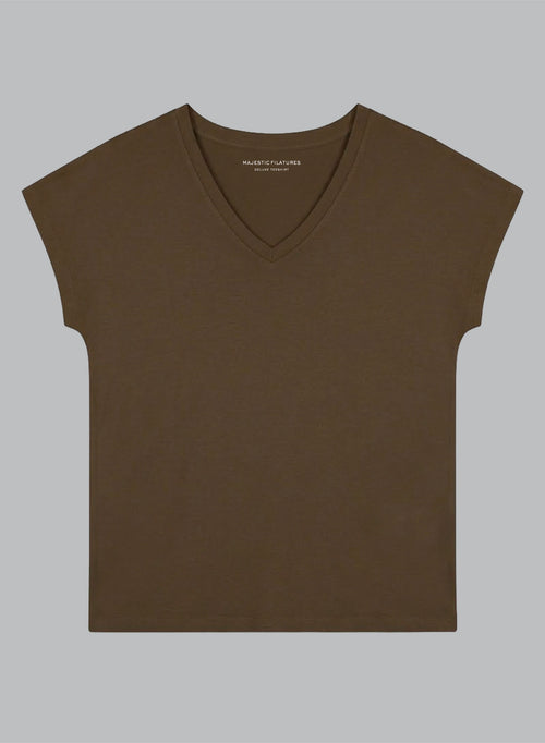 T-shirt Marron Foncé Col V Manches Courtes en Viscose / Elasthanne - MAJESTIC FILATURES