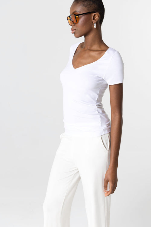 T-shirt Blanc Col V Manches Courtes en Viscose / Elasthanne - MAJESTIC FILATURES