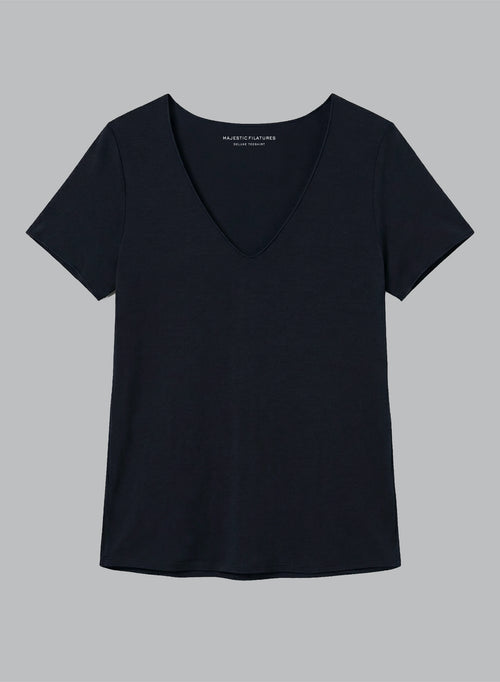 T-shirt Marine Col V Manches Courtes en Viscose / Elasthanne - MAJESTIC FILATURES