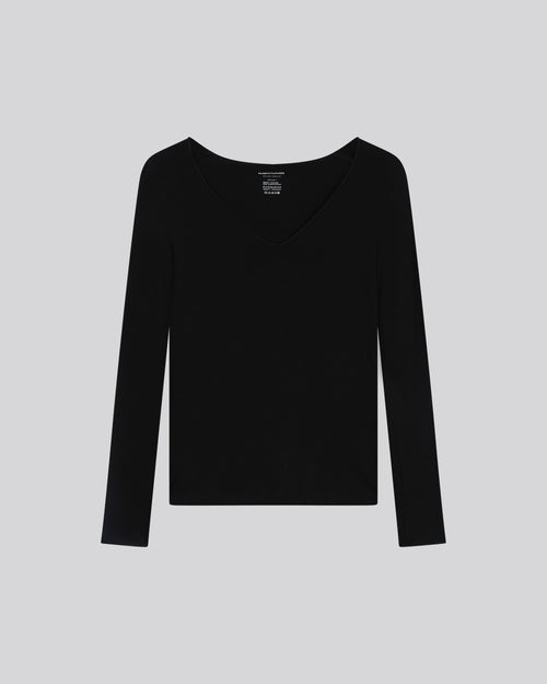 T-shirt Noir Col V Manches Longues en Viscose et Élasthanne - MAJESTIC FILATURES