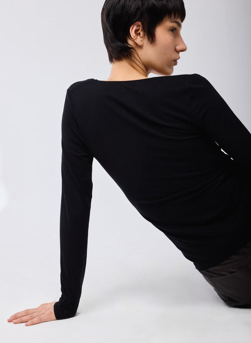 T-shirt Noir Col V Manches Longues en Viscose et Élasthanne - MAJESTIC FILATURES