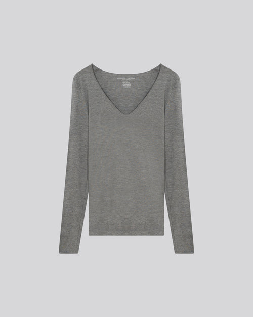 Graues Langarm-T-Shirt mit V-Ausschnitt aus Viskose / Elasthan - MAJESTIC FILATURES