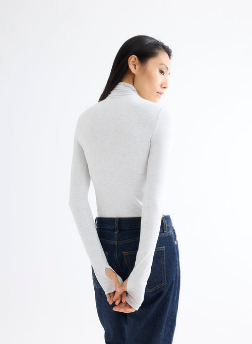 Camiseta gris perla de manga larga de viscosa y elastano con cuello vuelto - MAJESTIC FILATURES