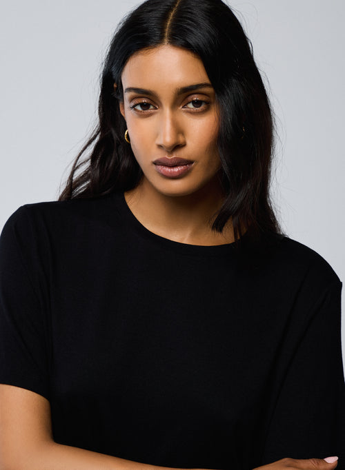 Schwarzes T Shirt Rundhals Kurze Ärmel Viskose Elasthan   - MAJESTIC FILATURES