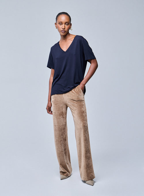 Marineblaues Kurzarm-T-Shirt mit V-Ausschnitt aus Viskose / Elasthan - MAJESTIC FILATURES