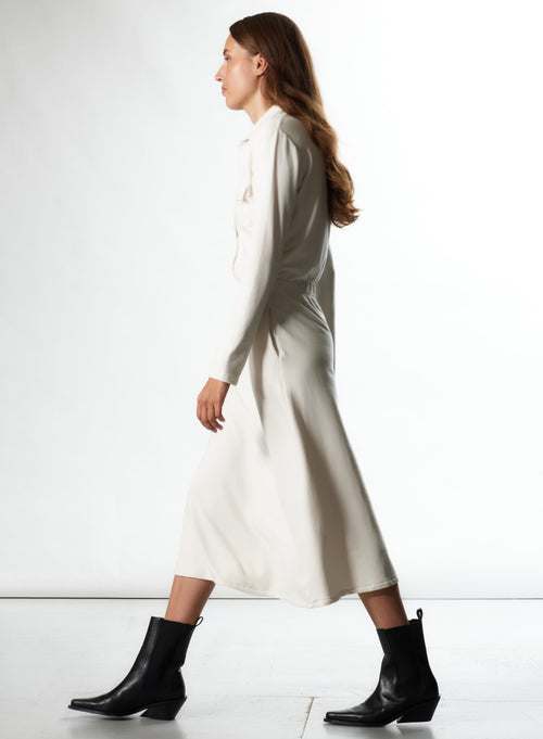 Robe Cream Col Chemise Manches Longues en Viscose et Élasthanne - MAJESTIC FILATURES