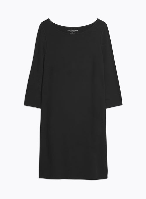 Black Straight Dress Round Neck 3/4 Sleeve Knee-Length in Viscose and Elastane - MAJESTIC FILATURES