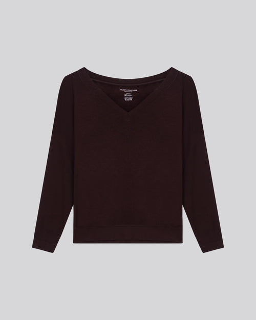 Auberginfarbenes Sweatshirt mit V-Ausschnitt und langen Ärmeln aus Viskose / Elasthan - MAJESTIC FILATURES