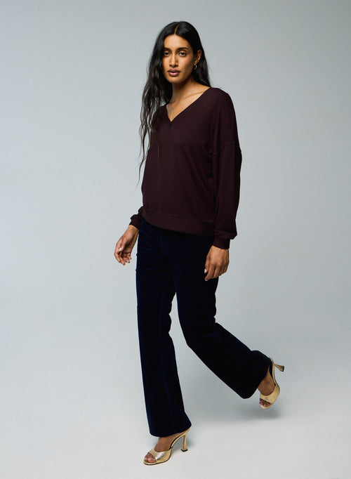Auberginfarbenes Sweatshirt mit V-Ausschnitt und langen Ärmeln aus Viskose / Elasthan - MAJESTIC FILATURES