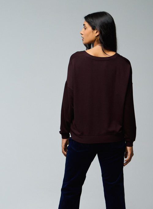 Auberginfarbenes Sweatshirt mit V-Ausschnitt und langen Ärmeln aus Viskose / Elasthan - MAJESTIC FILATURES