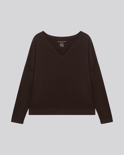 Sweat Marron Col V Manches Longues en Viscose / Elasthanne - MAJESTIC FILATURES