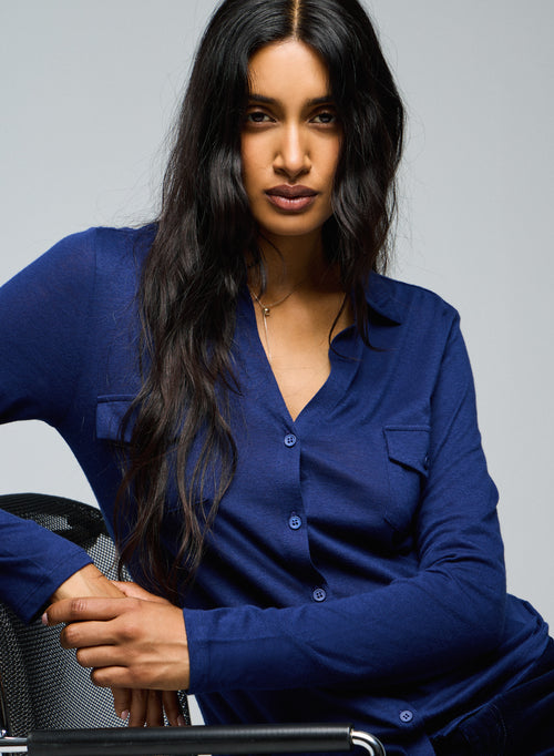 Camisa azul Camisa de manga larga en algodón orgánico / cachemir - MAJESTIC FILATURES