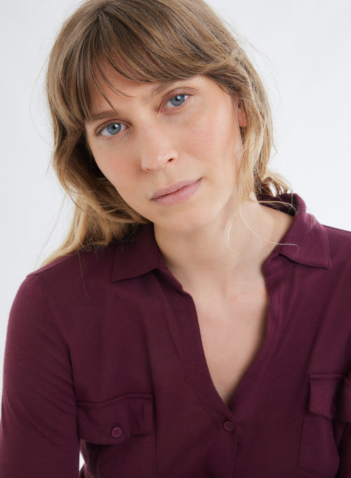 Camisa Burdeos con Bolsillos de Manga Larga en Algodón y Cachemira - MAJESTIC FILATURES