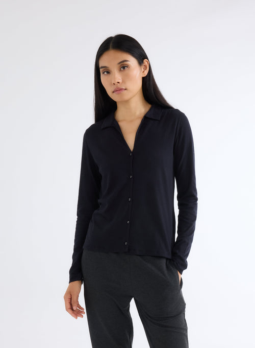 Camisa de Manga Larga de Algodón y Cachemira Azul Marino - MAJESTIC FILATURES