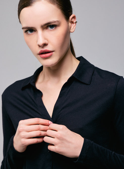 Black Shirt Long Sleeve Shirt in Organic Cotton / Cashmere - MAJESTIC FILATURES